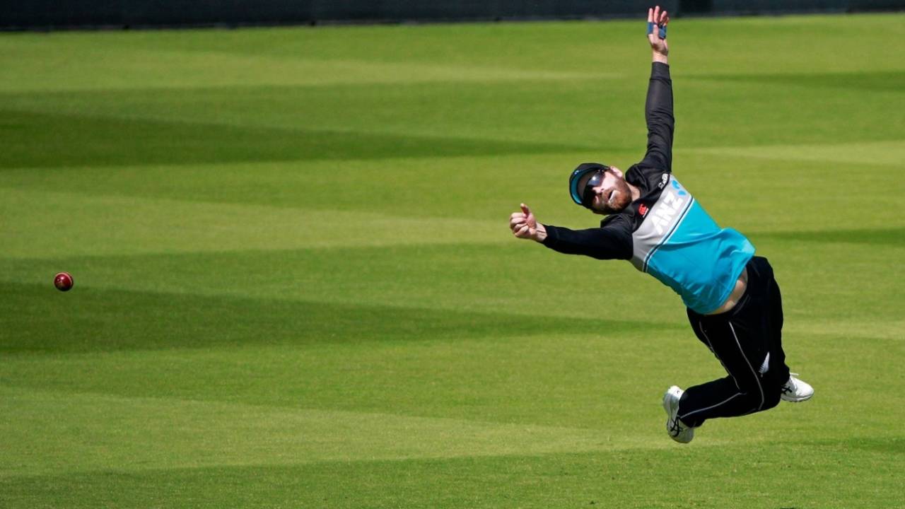 Kane Williamson throws himself to his right at training, Lord's, May 31, 2021