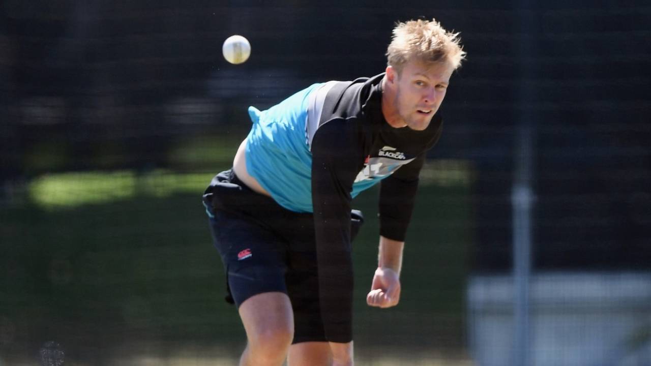 Kyle Jamieson bowls during a training session, Christchurch, February 21, 2021
