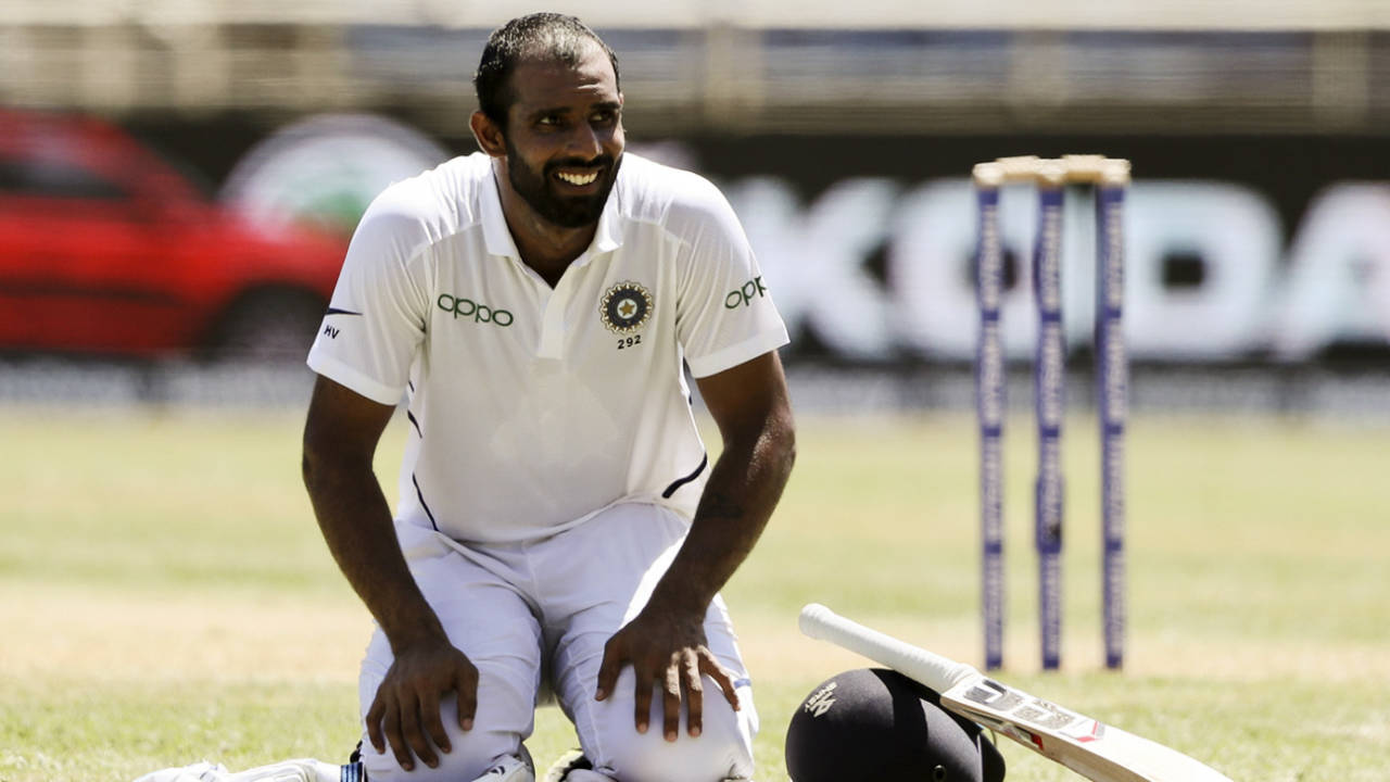 Hanuma Vihari kneels on the ground while waiting for drinks to arrive, West Indies v India, 2nd Test, Kingston, 1st day, August 31, 2019