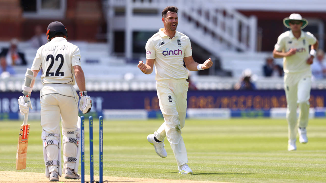 James Anderson celebrates taking the wicket of Kane Williamson, 1st LV= Insurance Test, England vs New Zealand, 1st day, Lord's, June 2, 2021