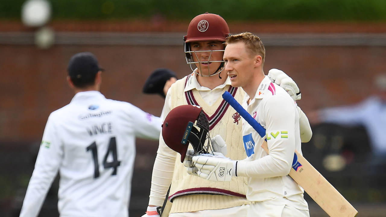 George Bartlett is congratulated by somerset team-mate Tom Banton on reaching his century, LV= Insurance County Championship, Somerset vs Hampshire, Taunton, June 6, 2021, Day 4, Taunton