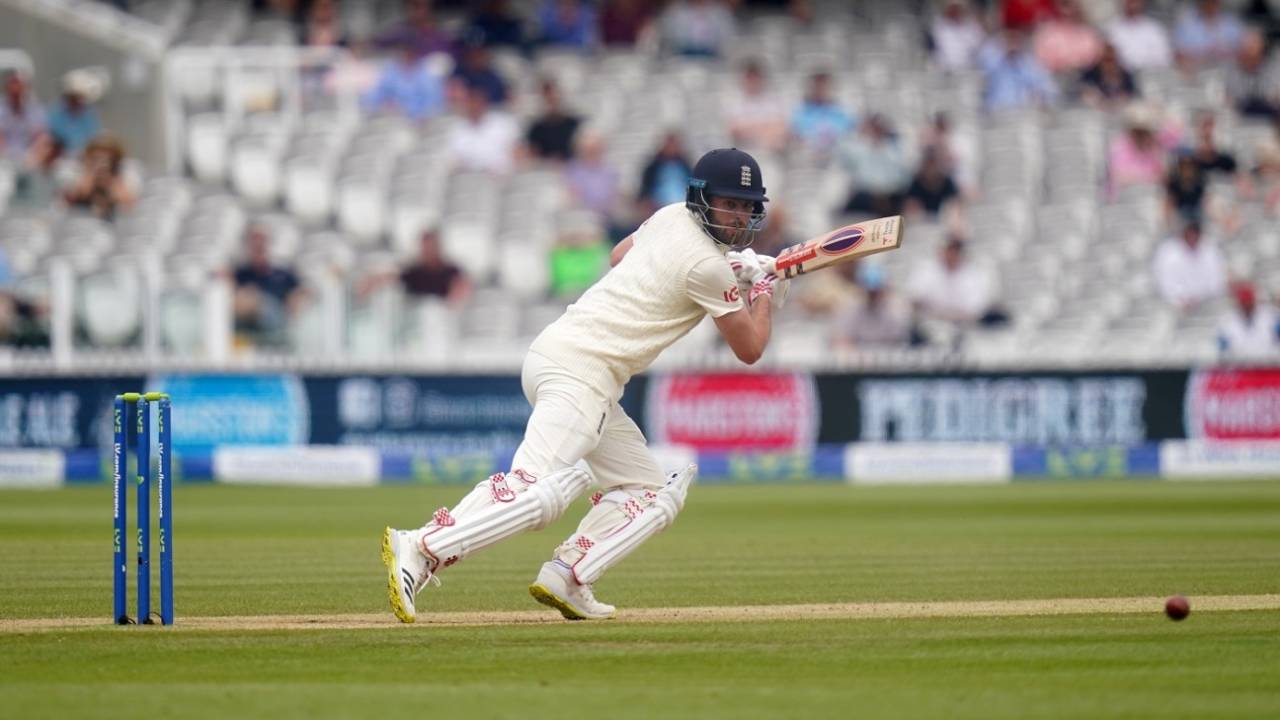 Dom Sibley taps one to the off side, England vs New Zealand, 1st Test, Lord's, 5th day, June 6, 2021