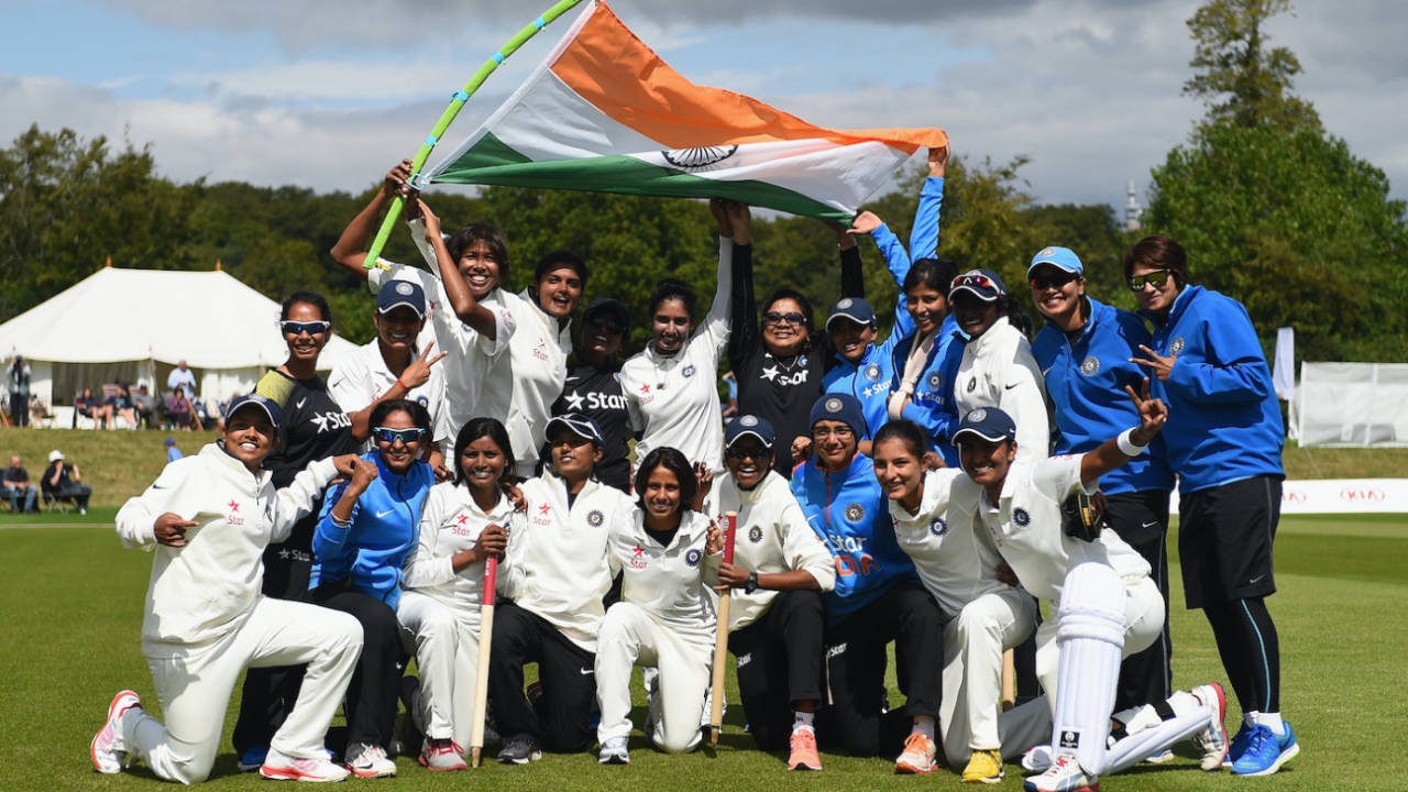 The victorious Indian team after the match, England v India, only women's Test, Wormsley, 4th day, August 16, 2014