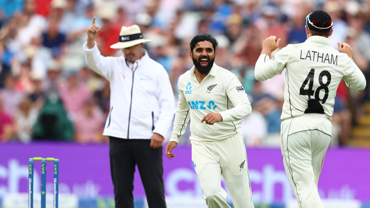 Ajaz Patel celebrates after taking the wicket of Ollie Pope, England vs New Zealand, 2nd Test, Day 1, Birmingham, June 10, 2021