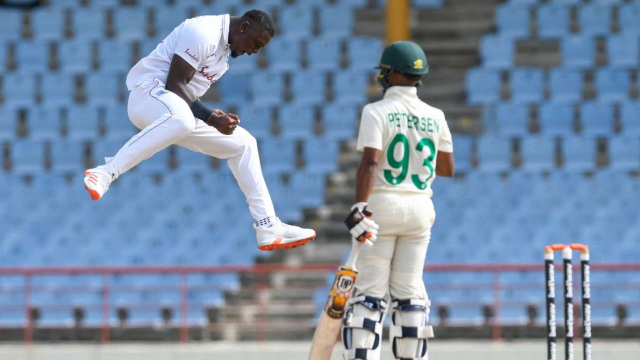 Jayden Seales is jubilant after dismissing Keegan Petersen for his first Test wicket, West Indies vs South Africa, 1st Test, St Lucia, 1st day, June 10, 2021