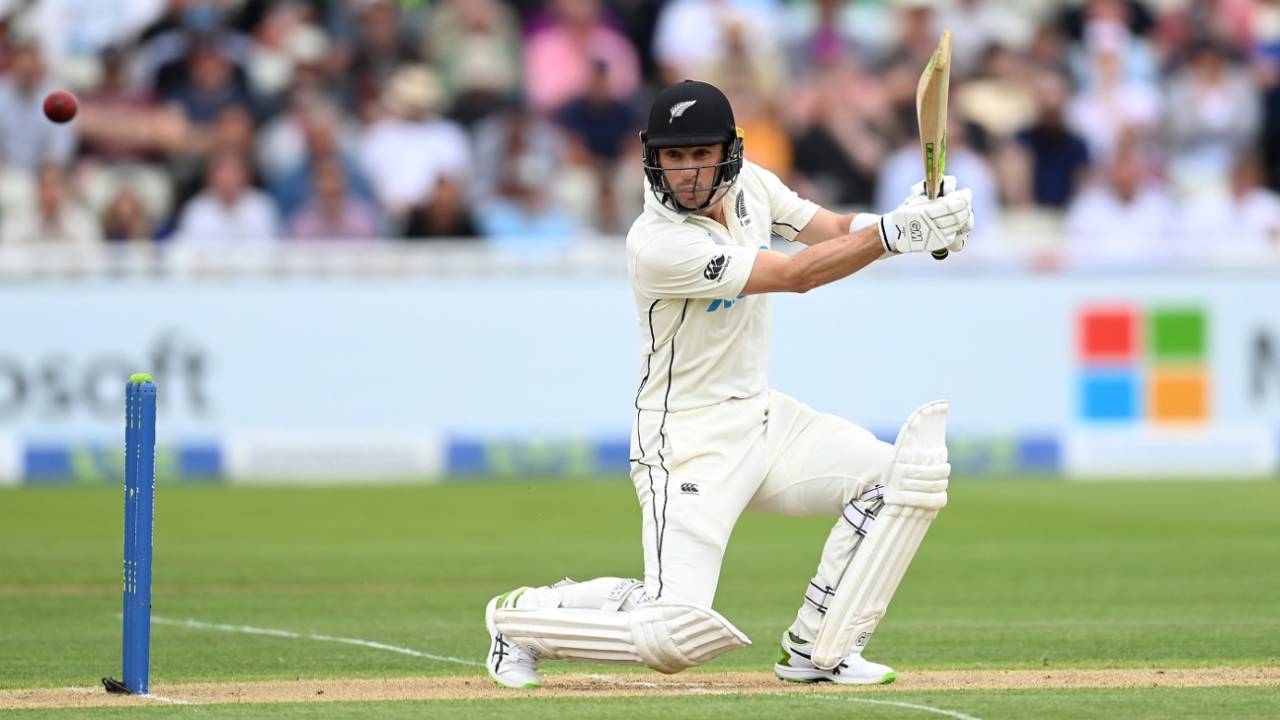 Will Young drives square on the off side, England vs New Zealand, 2nd Test, Birmingham, 2nd day, June 11, 2021