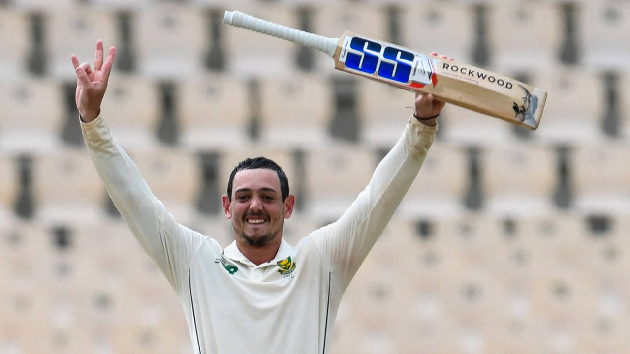 Quinton de Kock gestures to the dressing room on reaching his century, West Indies vs South Africa, 1st Test, St Lucia, 2nd day, June 11, 2021