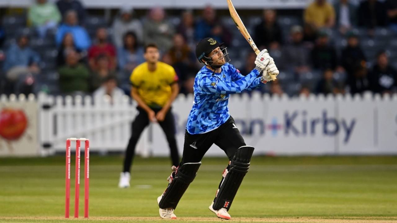 Phil Salt swings for the ropes during his match winning 77 not out, Gloucestershire vs Sussex, Vitality Blast, Bristol, June 11, 2021