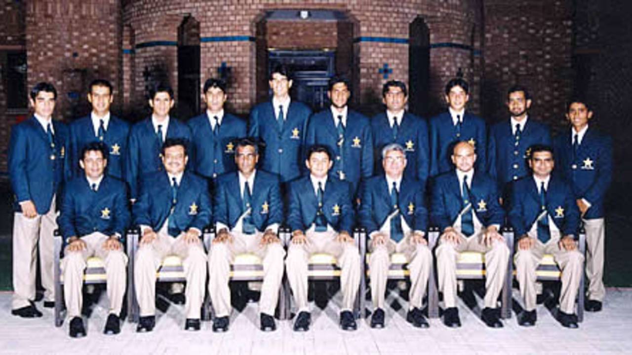 Pakistan Academy team to South Africa group photograph, 2003-04<br>Front (L-R): Faisal Athar, Dr Sohail Saleem (physio), Naved Anjum (coach), Faisal Iqbal (captain), Azhar Zaidi (manager), Junaid Zia (vice-captain), Naved Latif.<br>Back (L-R): Salman Butt, Sohail Ahmed, Khaqan Arsal, Bilal Asad, Abdul Rauf, Yasir Ali, Fahad Masood, Mansoor Amjad, Asim Kamal, Adnan Akmal.