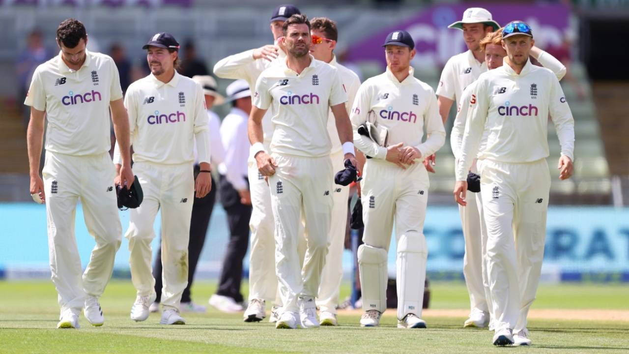 England players make their way off after losing the second Test against New Zealand, England vs New Zealand, 2nd Test, Birmingham, 4th day, June 13, 2021