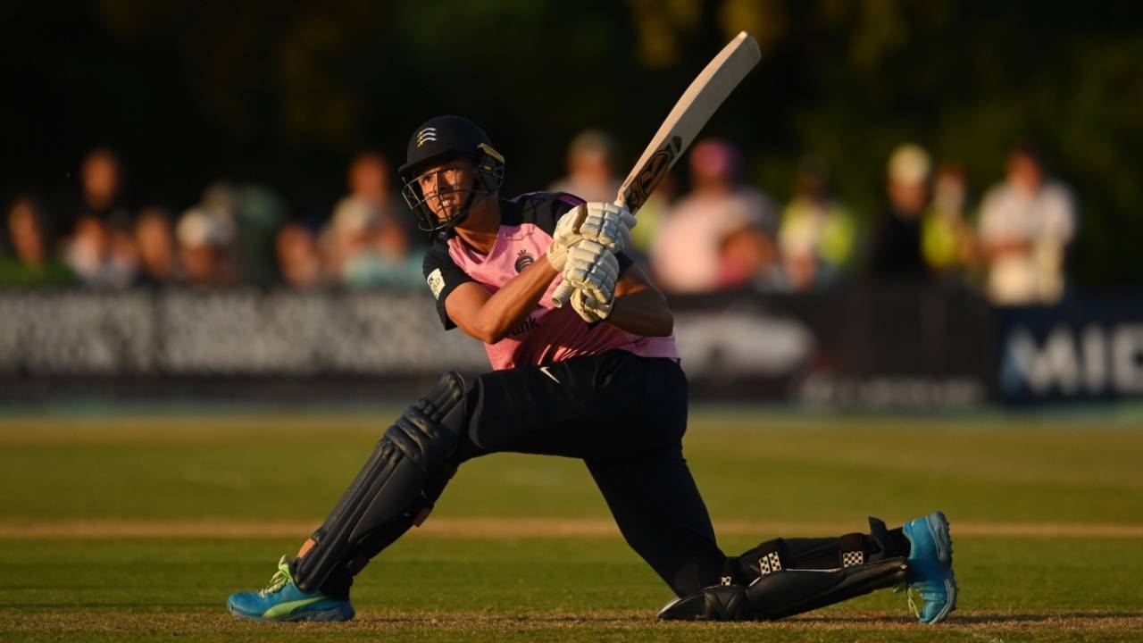 Chris Green climbs into a slog-sweep during Middlesex's run-chase at Radlett, Middlesex vs Hampshire, Vitality Blast, June 15, 2021