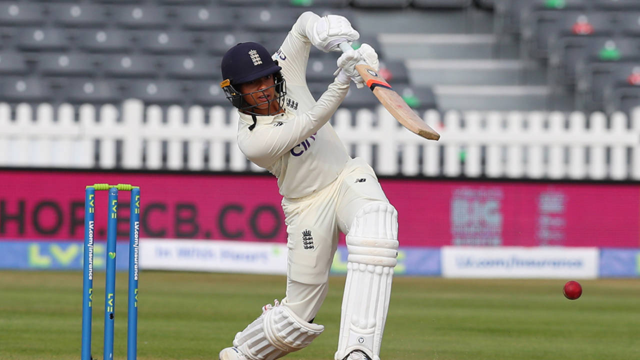 Sophia Dunkley laces a cover drive for four, England Women vs India Women, Only Test, Bristol, 1st day, June 16, 2021