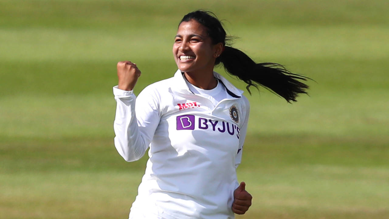 Sneh Rana took three wickets on the first day of her Test debut&nbsp;&nbsp;&bull;&nbsp;&nbsp;Ashley Allen/Getty Images