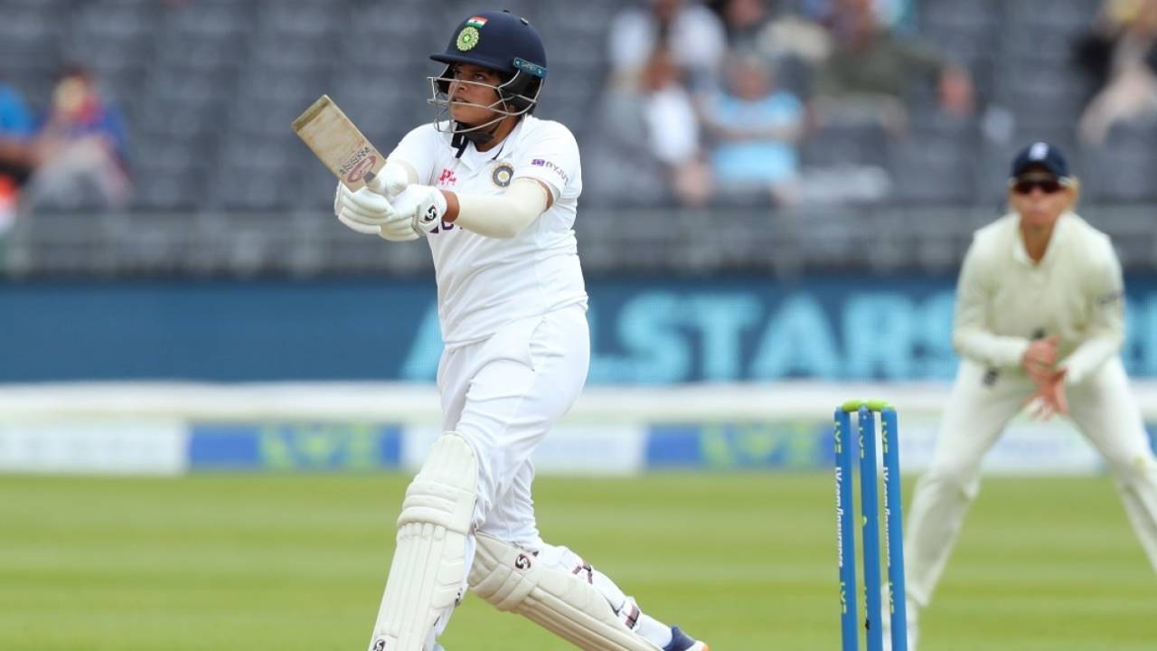Shafali Verma biffs one into the leg side, England v India, only Women's Test, Bristol, 2nd day, June 17, 2021
