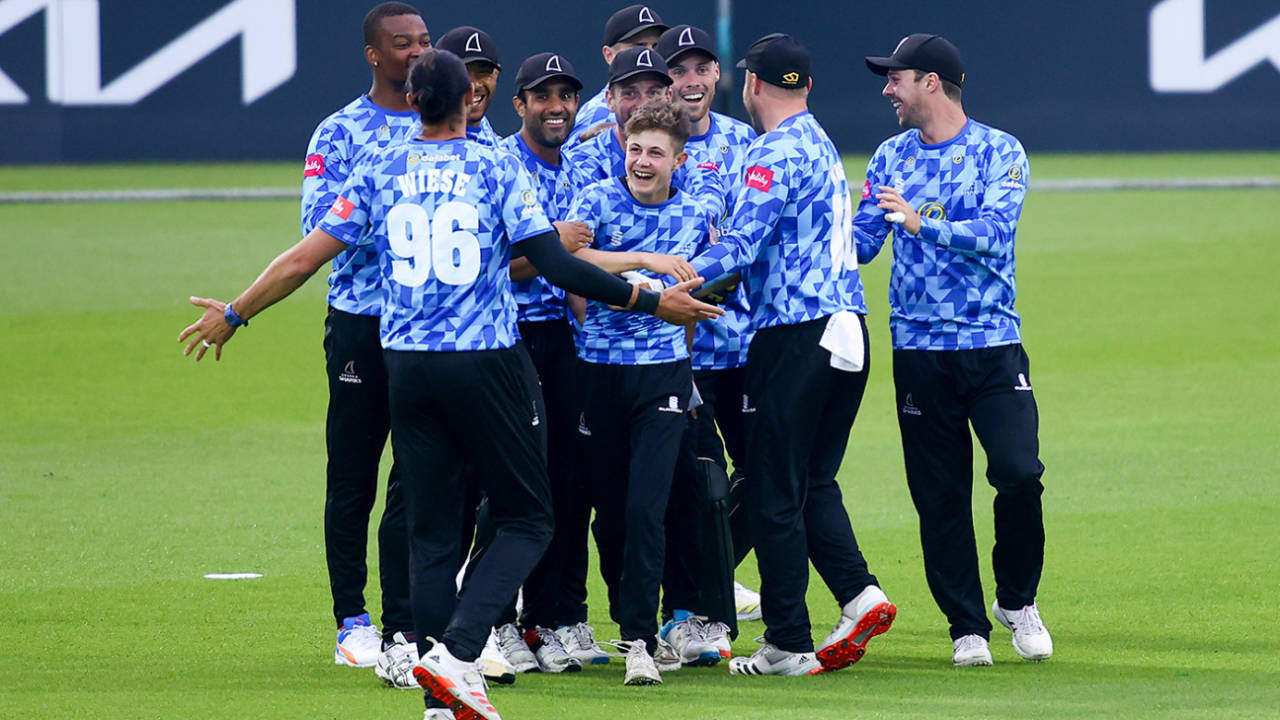 Archie Lenham is mobbed by his team-mates after taking a catch, Surrey vs Sussex, Vitality Blast, Kia Oval, June 17, 2021