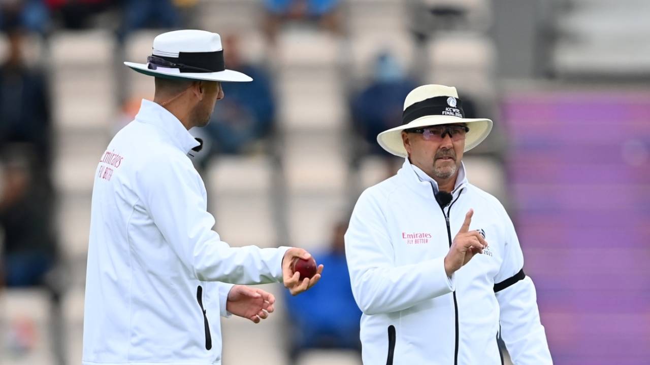 Umpire Richard Illingworth offers a soft signal on a caught behind appeal against Virat Kohli - which was overturned by the third umpire, India vs New Zealand, World Test Championship (WTC) final, 2nd day, Southampton, June 19, 2021