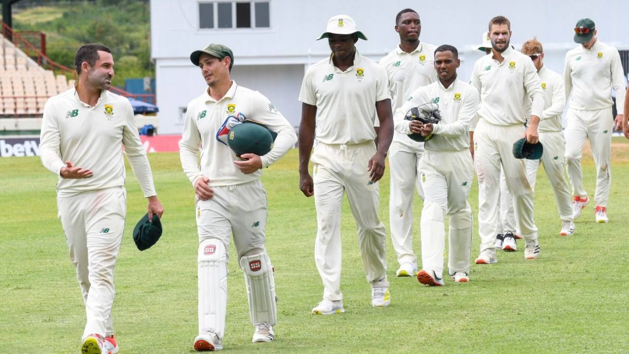 Dean Elgar and Quinton de Kock lead South Africa off the field after their win against West Indies, West Indies vs South Africa, 2nd Test, Gros Islet, 4th day, June 21, 2021