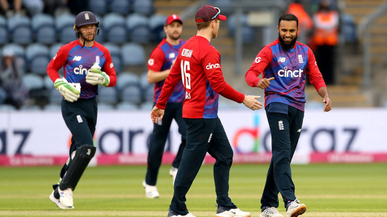 Adil Rashid celebrates after team-mate Chris Jordan's catch to remove Wanindu Hasaranga, England vs Sri Lanka, 1st T20I, Cardiff, June 23, 2021