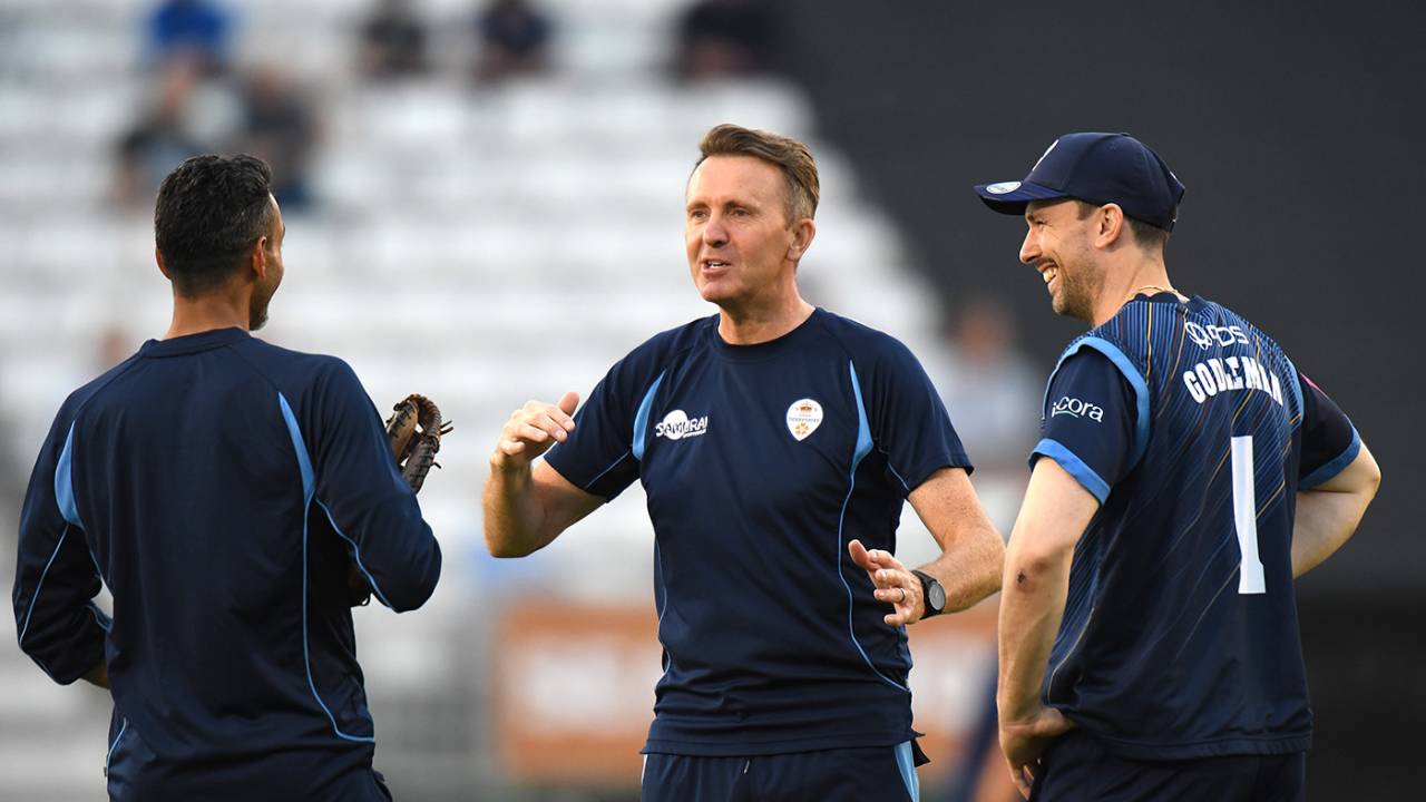 Ajmal Shahzad, Dominic Cork and Billy Godleman are all smiles, Derbyshire vs Northamptonshire, Vitality Blast, Derby, June 17, 2021