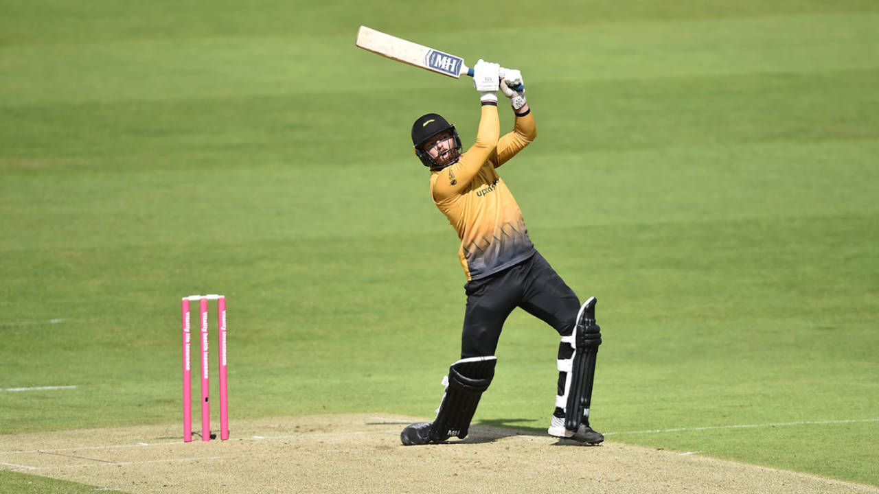 Arron Lilley hacks down the ground, Leicestershire v Durham, Vitality Blast, August 31, 2020