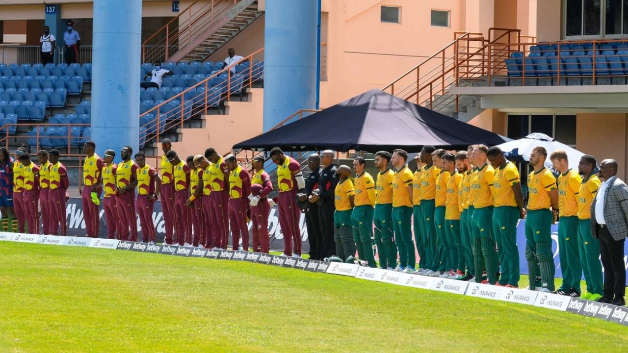 West Indies and South Africa players observe one minute's silence for Goolam Rajah, West Indies vs South Africa, 3rd T20I, St George's, June 29, 2021 