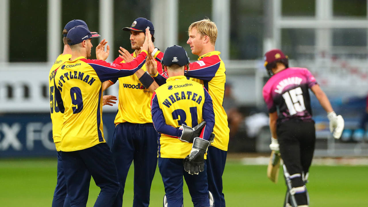 Simon Harmer celebrates with team-mates after bowling Tom Lammonby, Vitality T20 Blast, Essex vs Somerset, Chelmsford, June 29, 2021