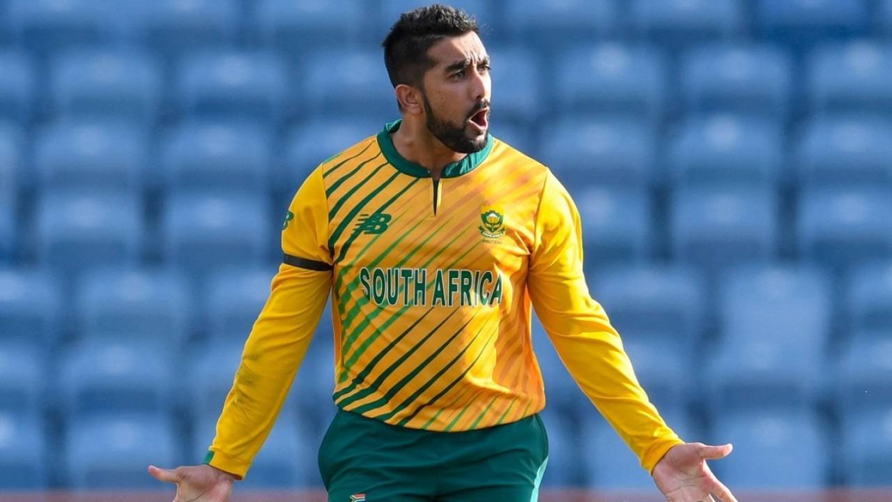 Tabraiz Shamsi celebrates the wicket of Evin Lewis, West Indies v South Africa, 3rd T20I, St George's, June 29, 2021