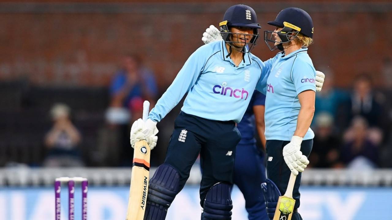 Sophia Dunkley is congratulated by Katherine Brunt for her fifty, England vs India, 2nd Women's ODI, Taunton, June 30, 2021