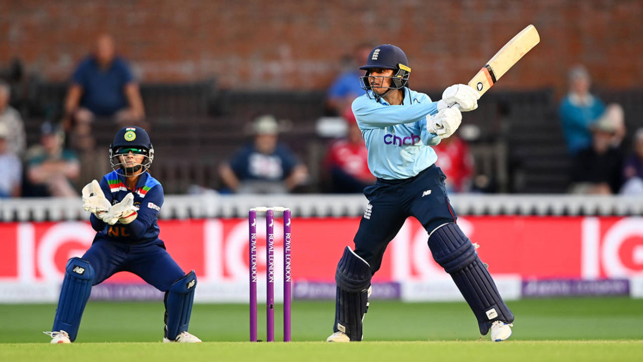 Sophia Dunkley cuts during her unbeaten half-century, England vs India, 2nd Women's ODI, Taunton, June 30, 2021
