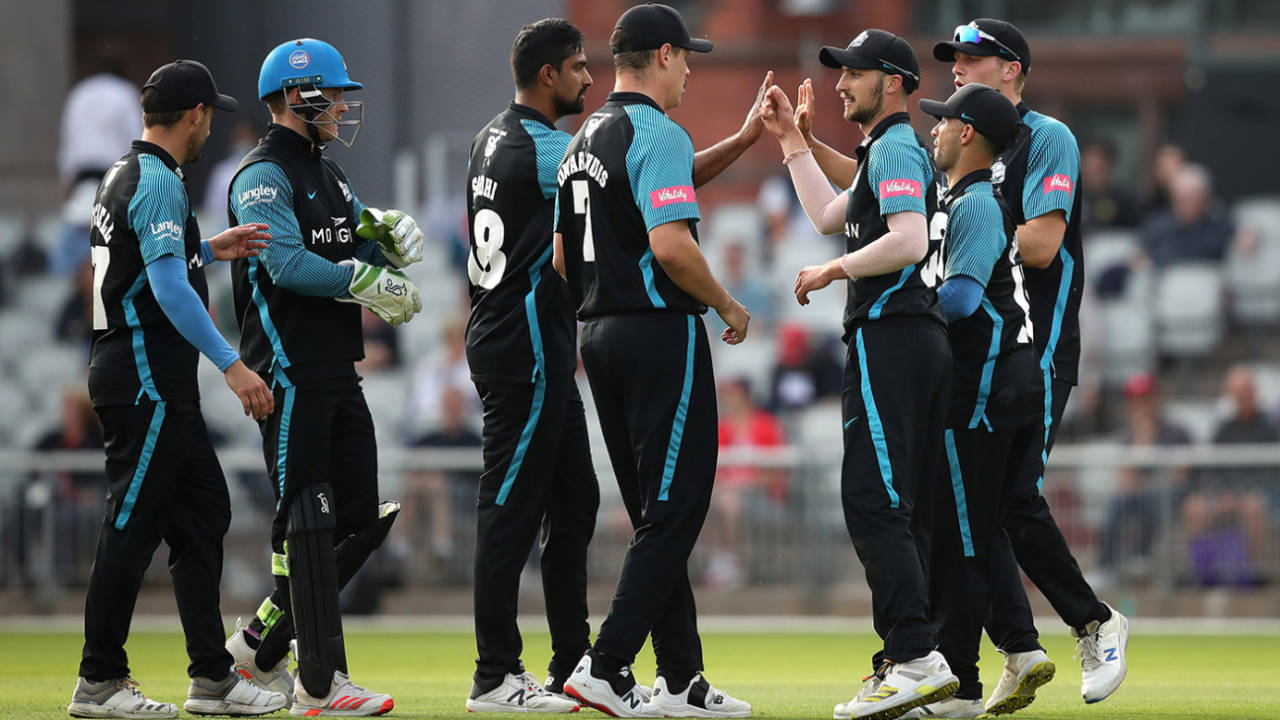 Ish Sodhi is congratulated by his team-mates, Lancashire vs Worcestershire, Vitality Blast, Old Trafford, July 1, 2021