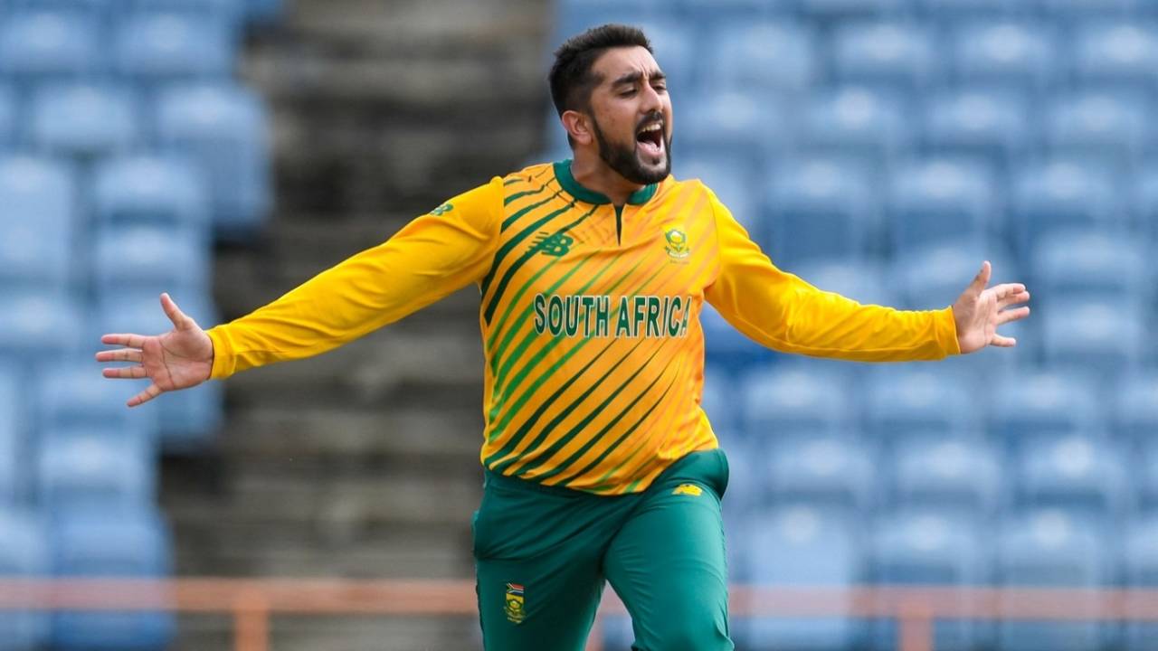 Tabraiz Shamsi takes off on a celebratory run after getting Andre Russell, West Indies vs South Africa, 4th T20I, St George's, July 1, 2021