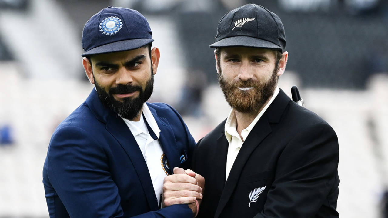 Virat Kohli and Kane Williamson embrace at the toss, India vs New Zealand, World Test Championship (WTC) final, 2nd day, Southampton, June 19, 2021