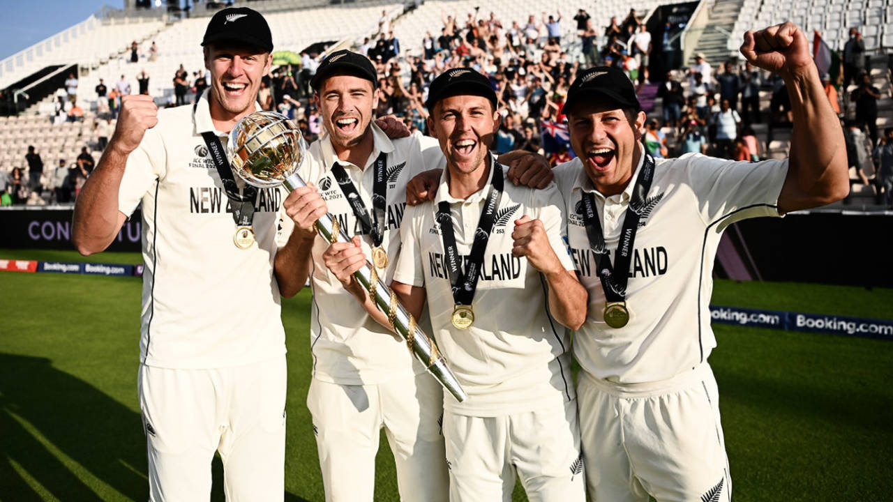 New Zealand's pace quartet, Kyle Jamieson, Tim Southee, Trent Boult and Neil Wagner, celebrate the World Test Championship win, India vs New Zealand, World Test Championship (WTC) final, Southampton, 6th day, June 23, 2021