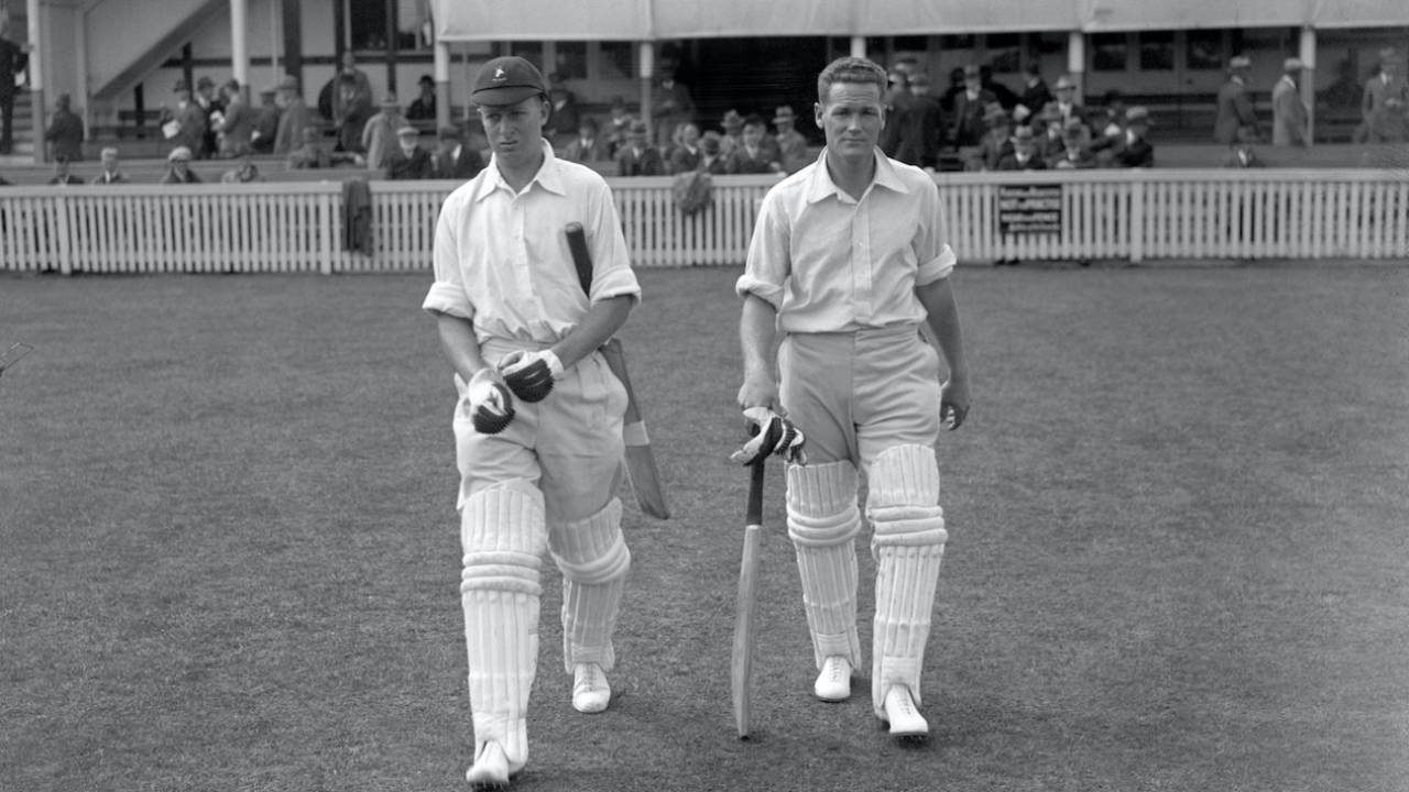 Bruce Mitchell, left and Bob Catterall walk out to bat, day two, first Test, England vs South Africa, Edgbaston, June 17, 1929