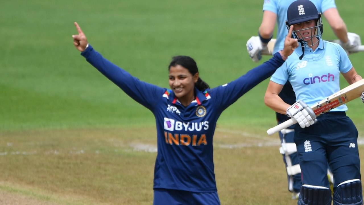 Sneh Rana celebrates the wicket of Lauren Winfield-Hill, Worcester, July 3, 2021

