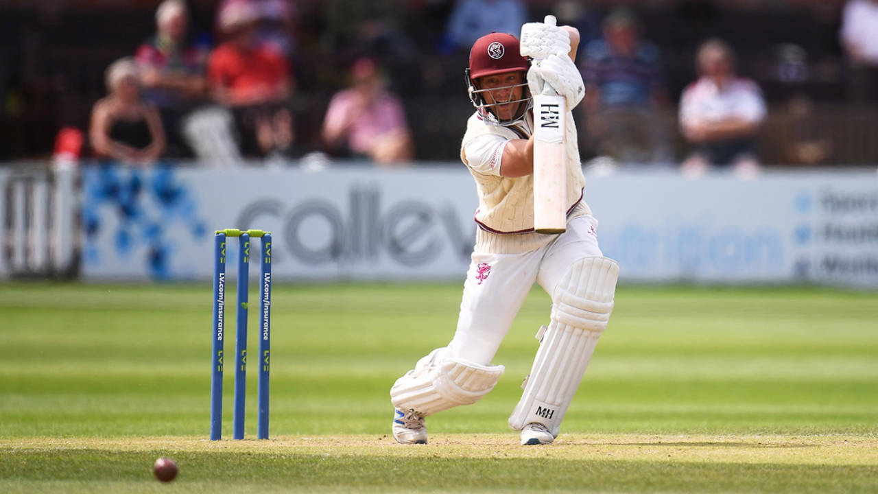 Roelof van der Merwe drives during his 76, Somerset vs Leicestershire, County Championship, Taunton, 2nd day, July 5, 2021