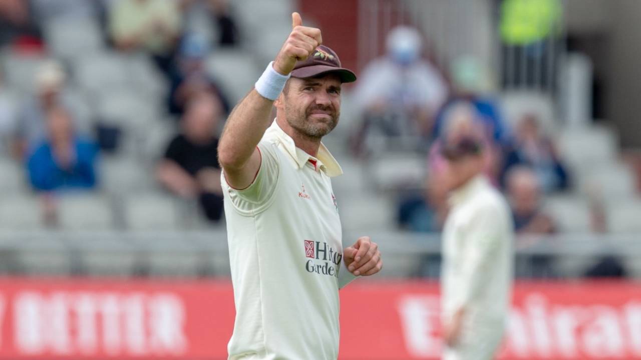 James Anderson gives a thumbs-up after reaching 1000 first-class wickets in a career-best display, Lancashire vs Kent, Emirates Old Trafford, July 5, 2021