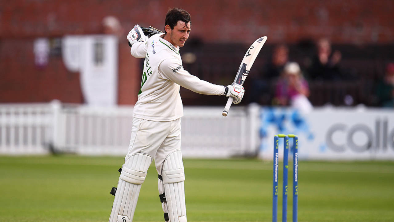 Harry Swindells celebrates his hundred, Somerset vs Leicestershire, County Championship, Taunton, 3rd day, July 6, 2021