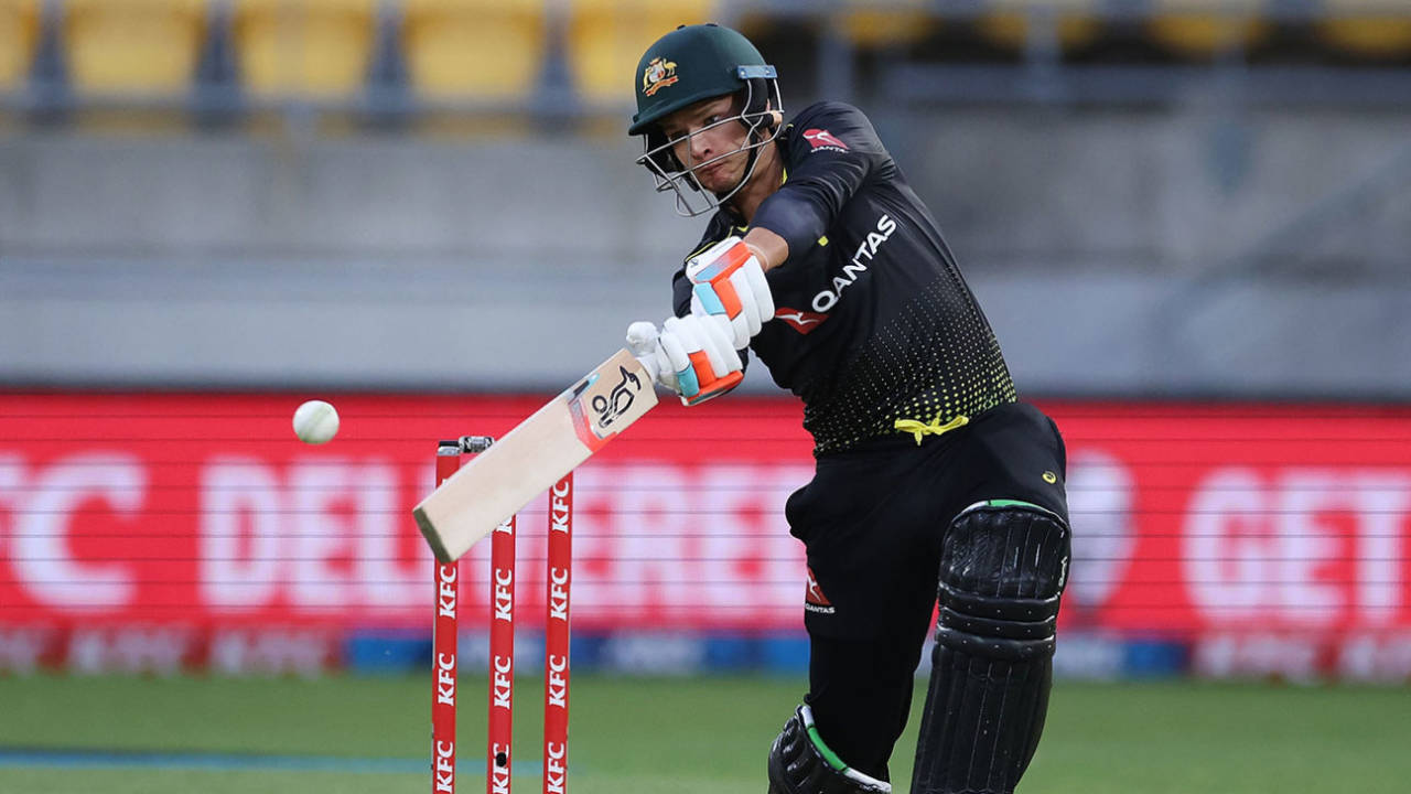 Josh Philippe goes over the off side, New Zealand vs Australia, 3rd T20I, Wellington, March 3, 2021