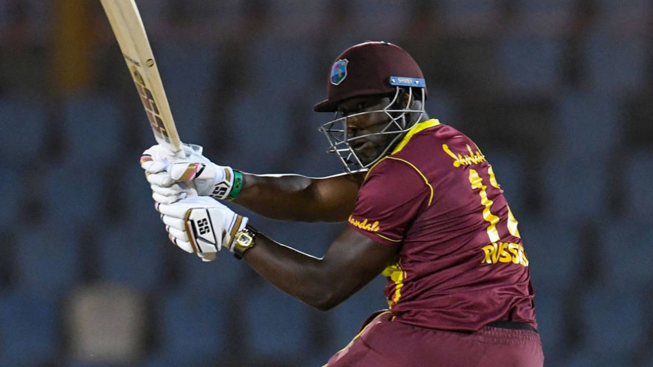 Andre Russell sent the ball miles during his fifty, West Indies vs Australia, 1st T20I, St Lucia, July 9, 2021