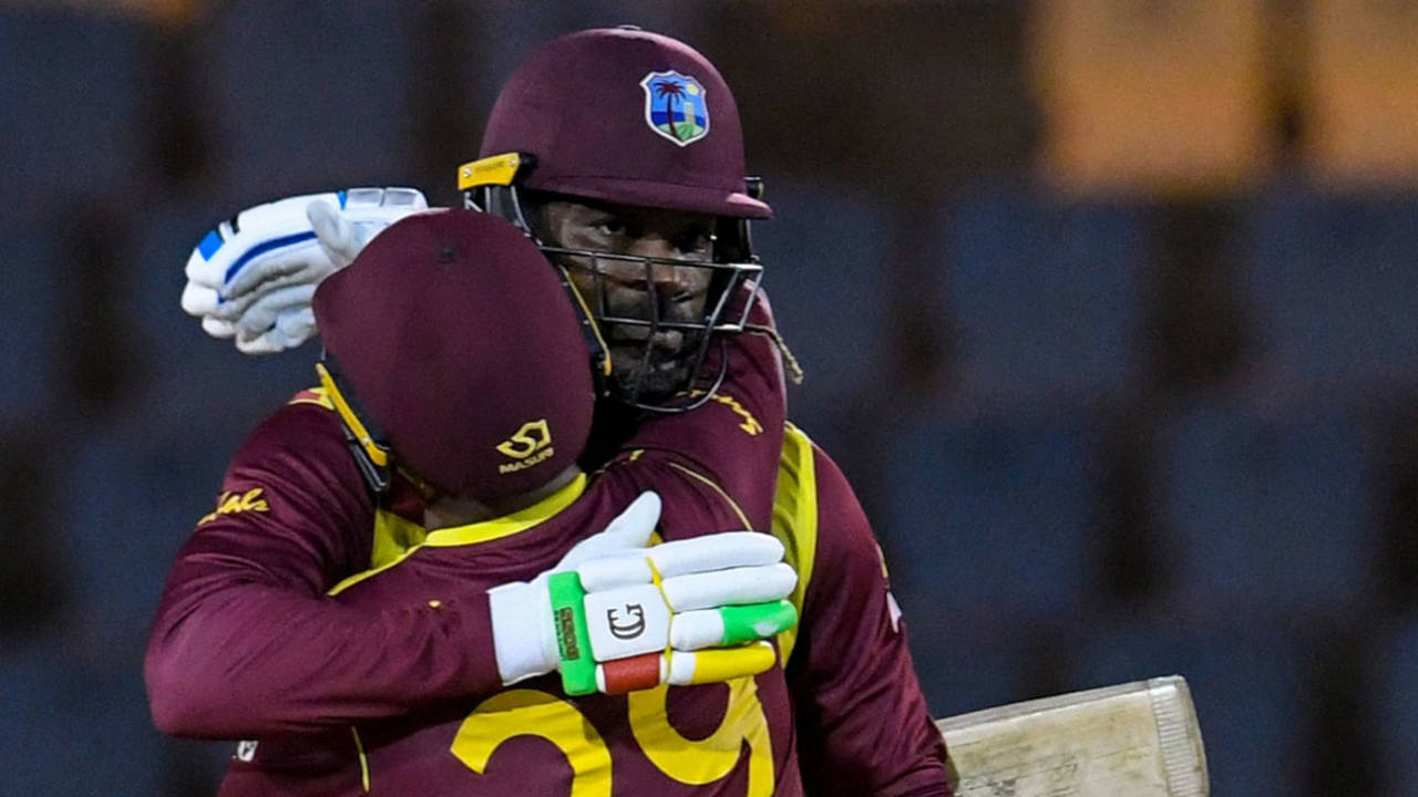 Chris Gayle celebrates his fifty with Nicholas Pooran, West Indies vs Australia, 3rd T20I, St Lucia, July 12, 2021