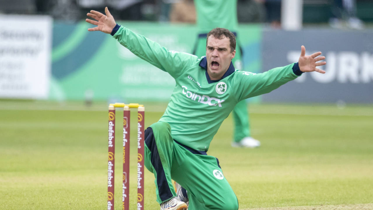 Andy McBrine belts out an appeal, Ireland vs South Africa, Dublin, 2nd ODI, July 13, 2021