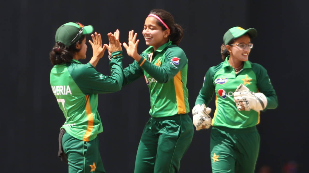 Fatima Sana celebrates one of her four wickets, West Indies vs Pakistan, 4th women's ODI, North Sound, July 15, 2021