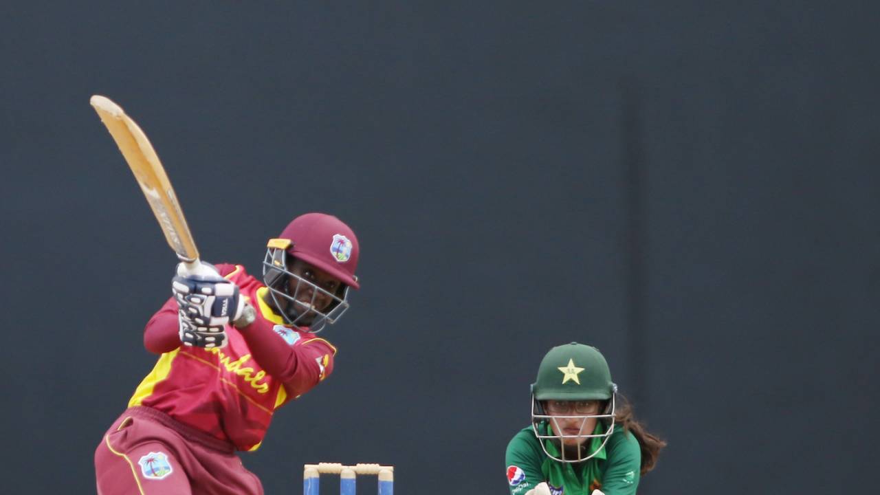 Kyshona Knight drills the ball away, West Indies vs Pakistan, 4th women's ODI, North Sound, July 15, 2021