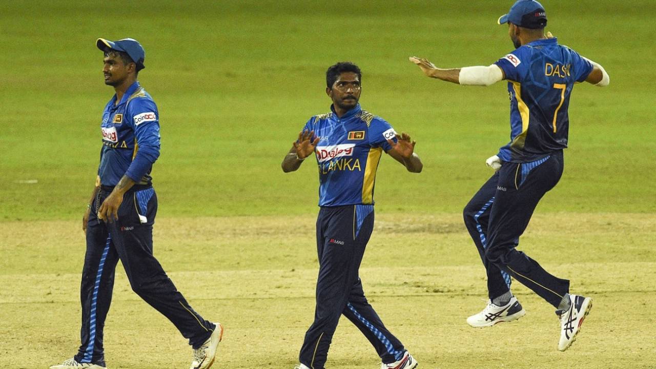 Lakshan Sandakan celebrates after dismissing Suryakumar Yadav, Sri Lanka vs India, 2nd ODI, Colombo, July 20, 2021
