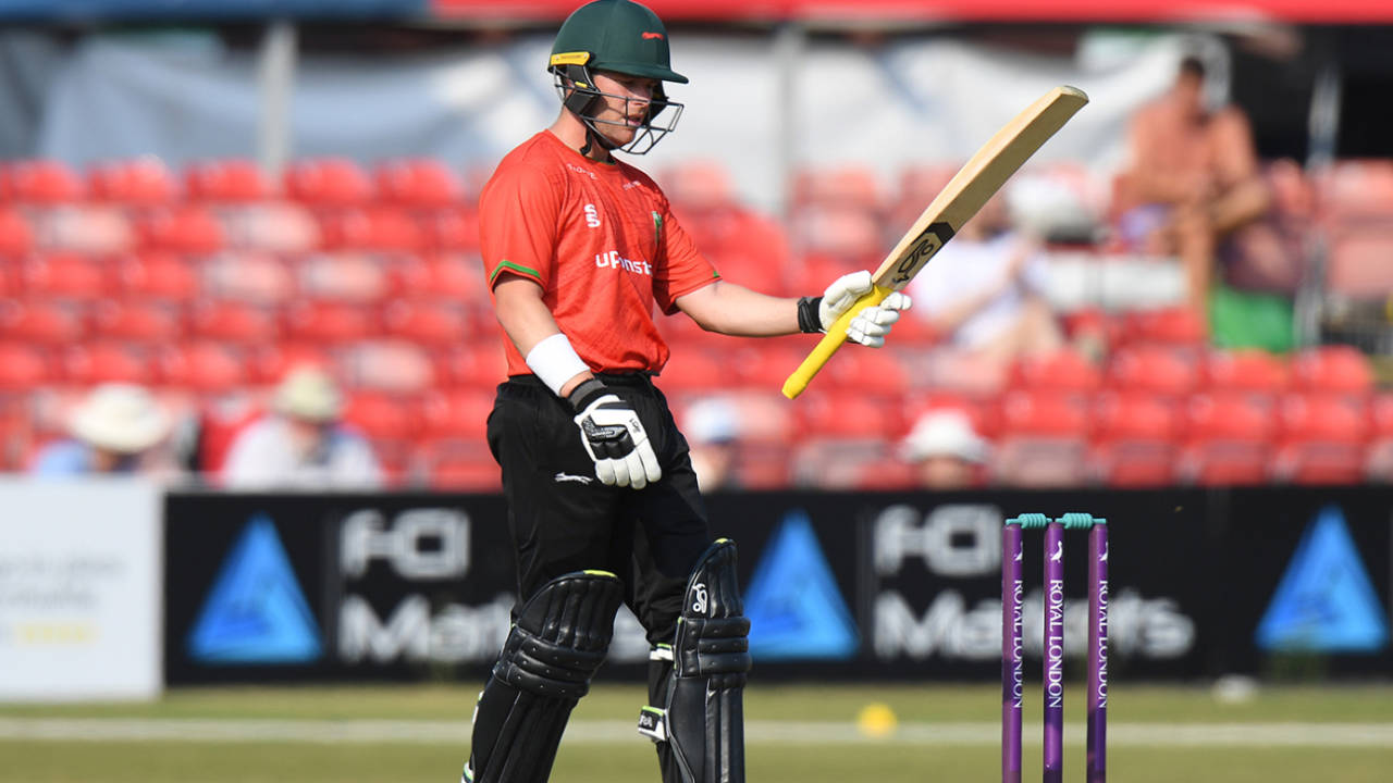 Marcus Harris acknowledges his fifty, Leicestershire vs Derbyshire, Royal London Cup, Grace Road, July 22, 2021