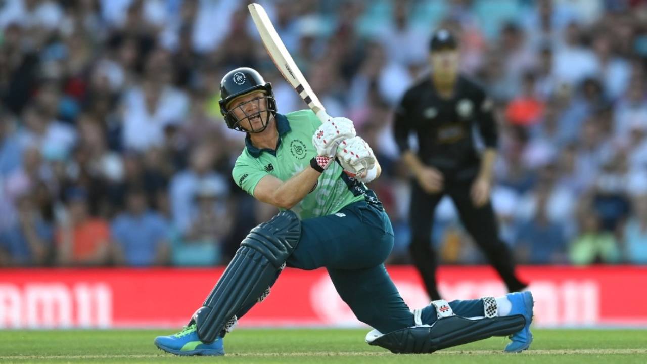 Sam Billings climbs into a slog-sweep, Oval Invincibles vs Manchester Originals, the Hundred, The Oval, July 22, 2021