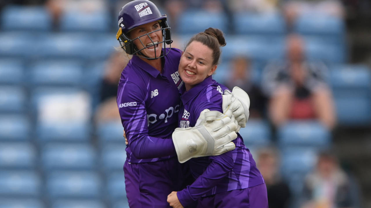 Linsey Smith gets a hug from Lauren Winfield-Hill, Northern Superchargers vs Welsh Fire, Women's Hundred, Headingley, July 23, 2021