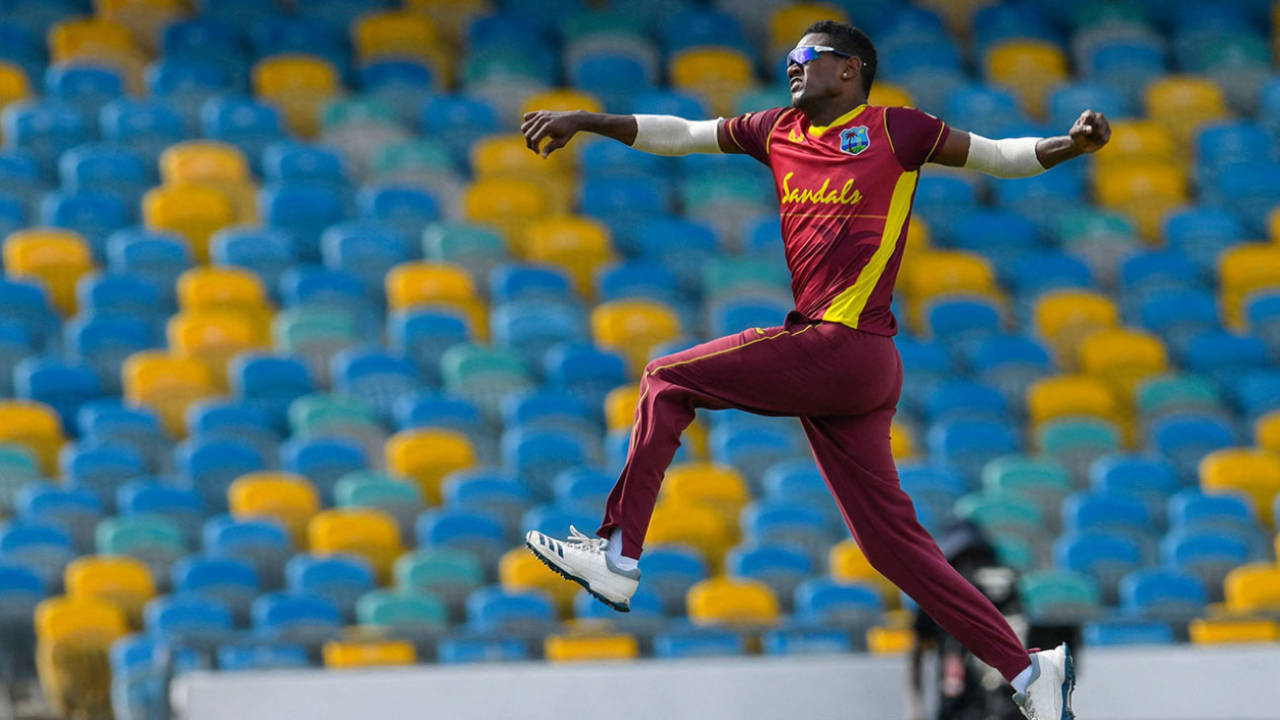 Akeal Hosein leaps in celebration, West Indies vs Australia, 2nd ODI, Barbados, July 24, 2021