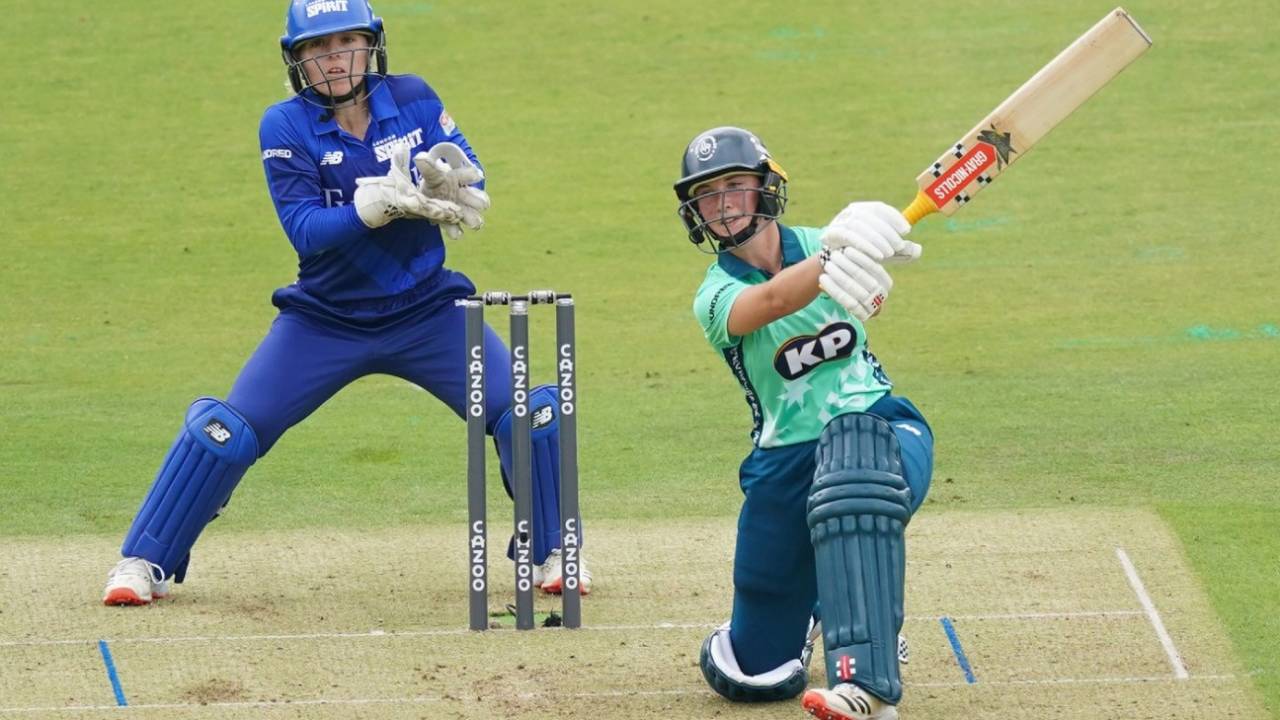 Alice Capsey drives over the covers during her remarkable innings at Lord's, London Spirit vs Oval Invincibles, Women's Hundred, Lord's, July 25, 2021